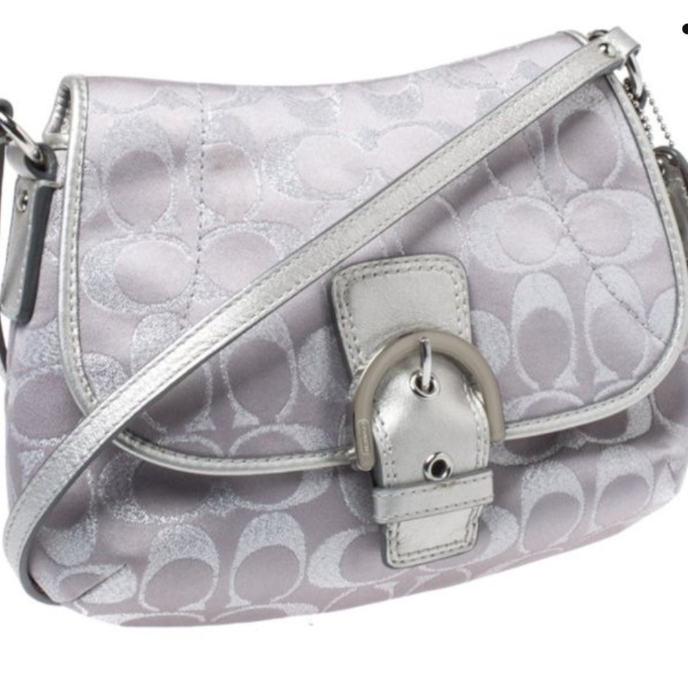NWT Coach Metallic Silver Monogram Soho Crossbody Bag in Signature Canvas